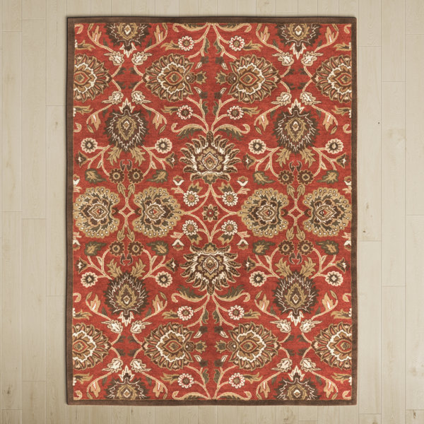 Birch Lane™ Arden Floral Handmade Tufted Wool Burnt Orange/Khaki Area